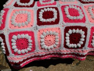 Vintage Granny Square 76 X 100 " Crochet Throw Blanket Afghan Pink White Puffs