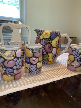 Vintage 1980 Majolica Topiary Pitcher And Six Cups