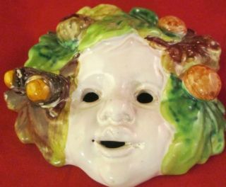 Vtg Italy Majolica Face Mask Art Pottery Ceramic Clay Acorns Leaves Hanging Wall