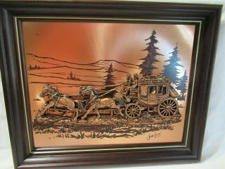 Vintage Signed John Louw Copper 3d Art Stage Coach Wall Art Wood Framed Picture
