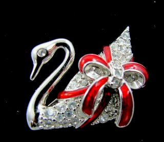 Vintage Signed Swarovski Christmas Crystal Small Swan & Bow Brooch Pin