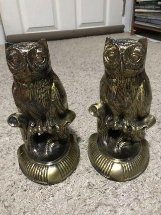 Pair Vintage 1974 Scc Brass Metal Owl Bookends 8 1/4 " Tall