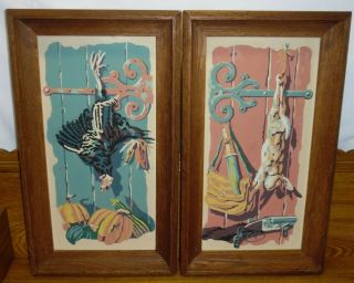 2 Vintage Paint By Number Pictures Of Hanging Hunting Game Turkey & Rabbit