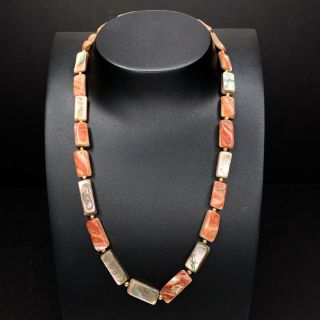 Natural Red Abalone Shell Necklace 20” Gold Tone Beaded Vintage