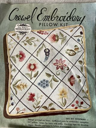 Elsa Williams Vintage Jacobean Floral Pillow Kit Crewel Embroidery.  Opened.