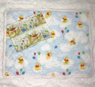 Vintage Winnie The Pooh Sears Baby Crib Blanket Quilt Walt Disney Balloons Hunny