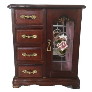 Vintage Wood Dresser Big Jewelry Box Armoire W/ Glass Door & 4 Drawers