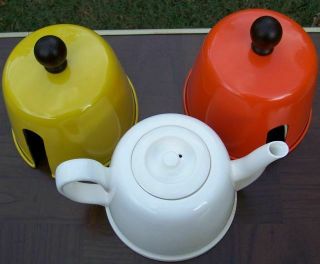 Vintage Japan Teapot With Two Beehive Insulators Orange & Gold Color Mid Century