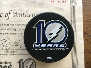Tampa Bay Lightning 10 Year Anniversary Game Puck,  Cert Of Authenticity