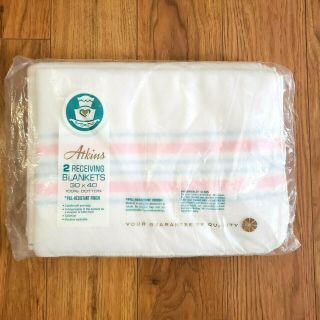 Vintage Pack Of 2 Atkins Receiving Baby Blankets 100 Cotton 30 " X 40 " Usa Nos