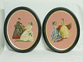 2 Vintage Needlepoint Victorian Couples In Oval Wood Frames