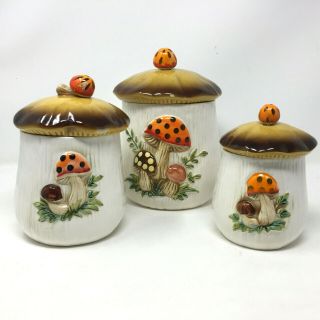 Vintage Sears & Roebuck Co Merry Mushroom 3 Pc Set Ceramic Canisters 1978