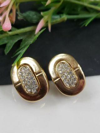 Vintage Christian Dior Germany Gold Tone Rhinestones Earrings Clip On 20 Mm Tall