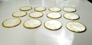 12 Vintage Mother Of Pearl Capiz Sea Shell Cork Back 3 " Coasters With Gold Rim