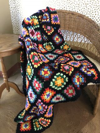 Vintage 70s Handmade Crochet Granny Squares Afghan Throw Blanket 57.  5x44