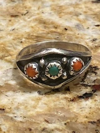 Vintage Sterling Silver Turquoise And Coral Ring - Size 6 1/2