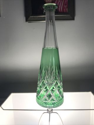 Vintage Bohemian Czech Art Glass Green Cut To Clear Decanter Bottle Tall No Top