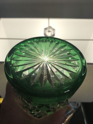 Vintage Bohemian Czech Art Glass Green Cut To Clear Decanter Bottle Tall No Top 2