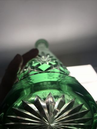 Vintage Bohemian Czech Art Glass Green Cut To Clear Decanter Bottle Tall No Top 3