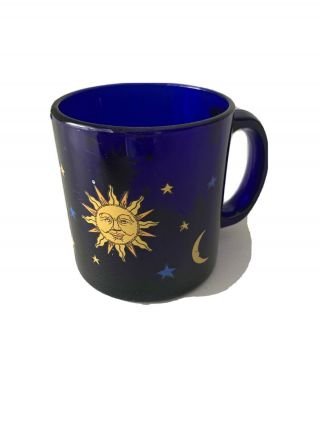Vintage Libbey Celestial Cobalt Blue Sun Moon & Star Glass Coffee Tea Mug Cup