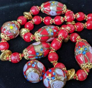 Vintage Red Venetian Art Glass Wedding Cake Bead Necklace & Earrings