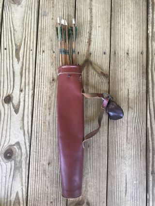 Vintage Leather Archery Back Quiver Brown Carlisle Leather Craft W/ Wood Arrows