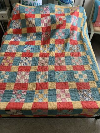 Vtg Quilt Multi Squares Hand Stitched Pieced Cotton Feed Sack 75 X 84