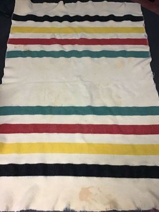 Vintage Flawed Wool Camp Blanket Cream Green Red Yellow Black Strips 55” X 83”
