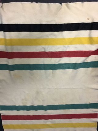 Vintage Flawed Wool Camp Blanket Cream Green Red Yellow Black Strips 55” X 83” 2