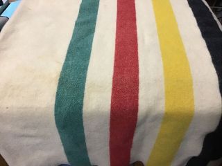 Vintage Flawed Wool Camp Blanket Cream Green Red Yellow Black Strips 55” X 83” 3