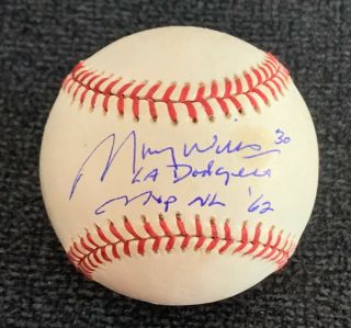 Maury Wills Autographed Mlb Baseball Dodgers " 1962 All - Star Mvp "
