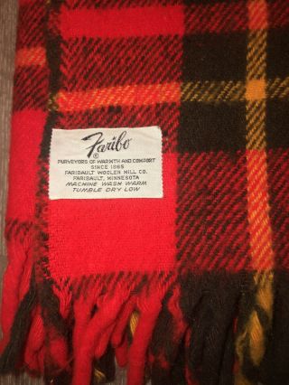 Vintage Red/Black Plaid Wool Fringed Camp Blanket Faribo Made in USA 3