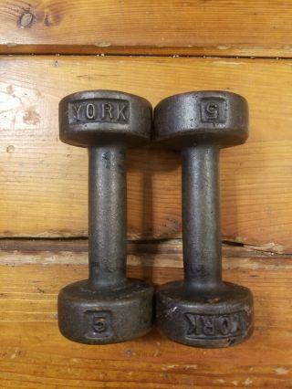 Vintage York 5 Pound Dumbbells Roundhead 5 Lb Ea.  Weights 10 Lb Total Barbell