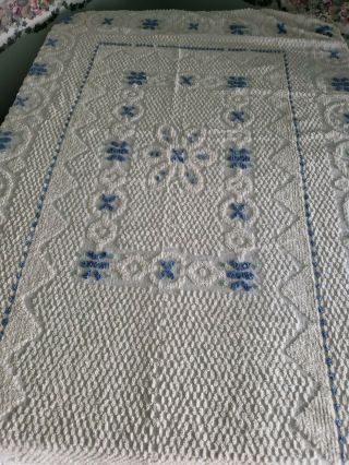 Vintage,  White With Blue Chenille Twin - Bedspread,  72 " X109 ",  W/sham