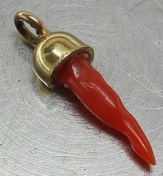 Vintage Solid 14k Yellow Gold Red Coral Lucky Cornicello Horn Charm