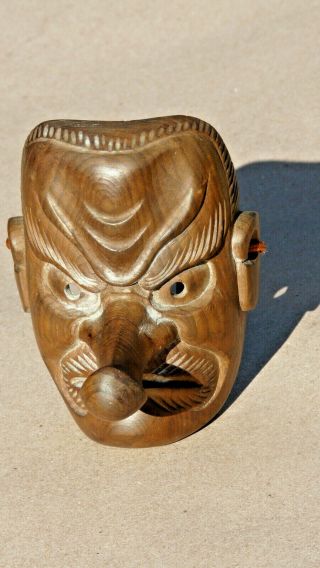 Vintage Japanese Hand Carving Wood Oni Mask Signed