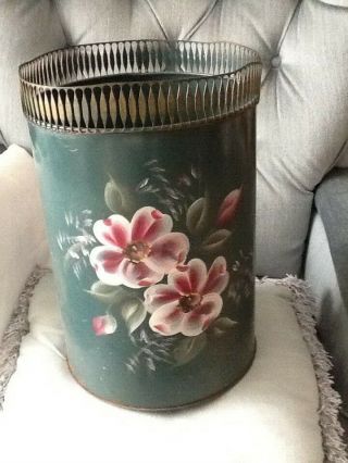 Vintage Plymouth Tole Hand Painted Waste Basket Trash Can So Shabby