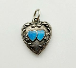 Vintage Sterling Silver Puffy Heart Charm - Blue Hearts Enamel Antique P15