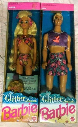 Vintage 1992 Mattel Glitter Beach Set Of (2) Couple Ken & Barbie Doll