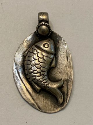 Fancy Vintage Sterling Silver Fish Oval Pendant Mexico Taxco 925 Pendant