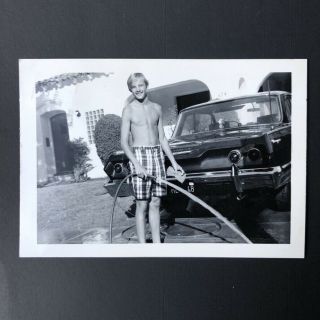 Vintage Photo Snapshot Handsome Blonde Young Man Poses Shirtless Washing Car