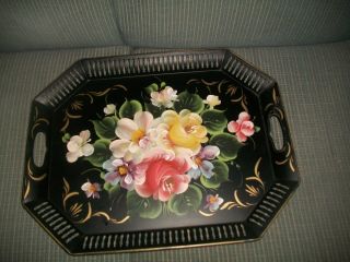 Large Vintage Tole Tray Hand Painted Floral Black Metal With Cut Outs/gold Trim