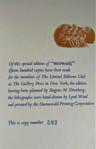 1952 LIMITED EDITIONS Club BEOWULF William Ellery Leonard 587 LYND WARD Lithos 3