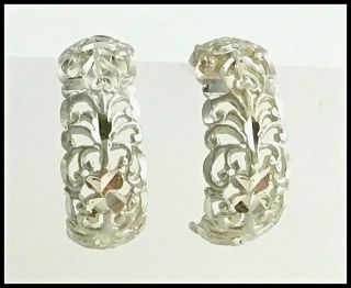 VINTAGE.  925 Sterling Silver,  Diamond Cut Filigree Half Hoop Earrings,  Posts 2