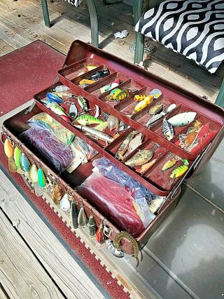 Vintage My Buddy Metal Fishing Tackle Box Packed Full Lures