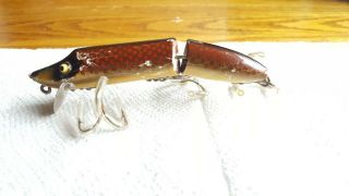 Vintage Heddon Jointed Vamp Fishing Lure.  Rare Red Scale.  Wood & Glass Eyes.