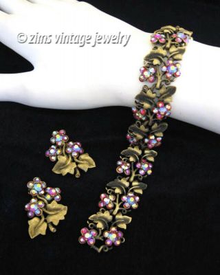 Vintage Trifari Red Ab Rhinestone Floral Gold Leaf Link Bracelet Earrings Set