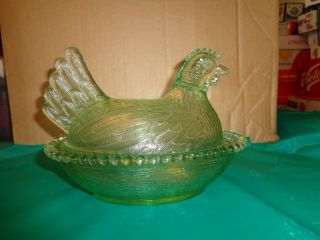 Vintage Green Depression Glass Hen On A Nest Covered Dish