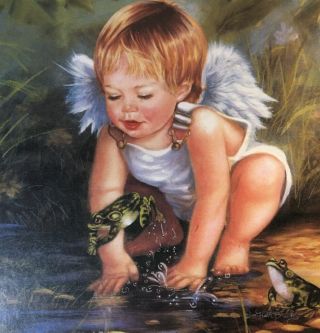 Home & Garden Party Framed PIcture Vintage Boy Angel Playing Frogs Toads Stream 2