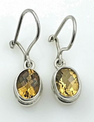 Vintage.  925 Sterling Silver & Dangling Faceted Citrine Earrings,  Latching Wires